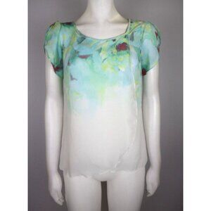 AB STUDIO - WOMEN'S GREEN AND WHITE PRINT SHEER BLOUSE - SIZE XS